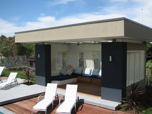 Indoor outdoor living with Pivoting Louvre Blade Shutters Sliding and bi folding screens